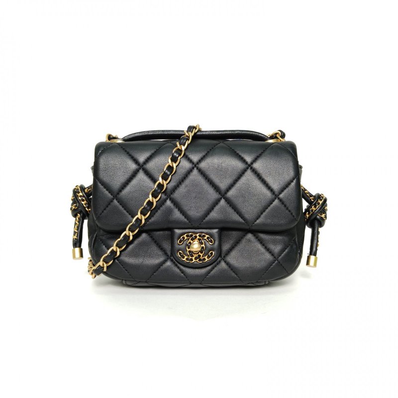 CHANEL 黑色羊皮晶片開金扣25C航海編織繩結口蓋包18肩背包-0