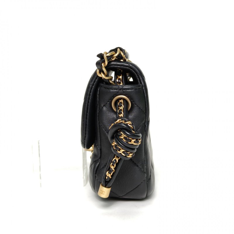 CHANEL 黑色羊皮晶片開金扣25C航海編織繩結口蓋包18肩背包-3