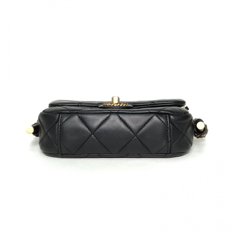 CHANEL 黑色羊皮晶片開金扣25C航海編織繩結口蓋包18肩背包-4