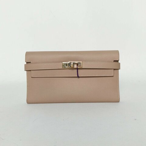 HERMES Kelly長款錢包1F鑽石灰防水帆布框Q金扣肩背包