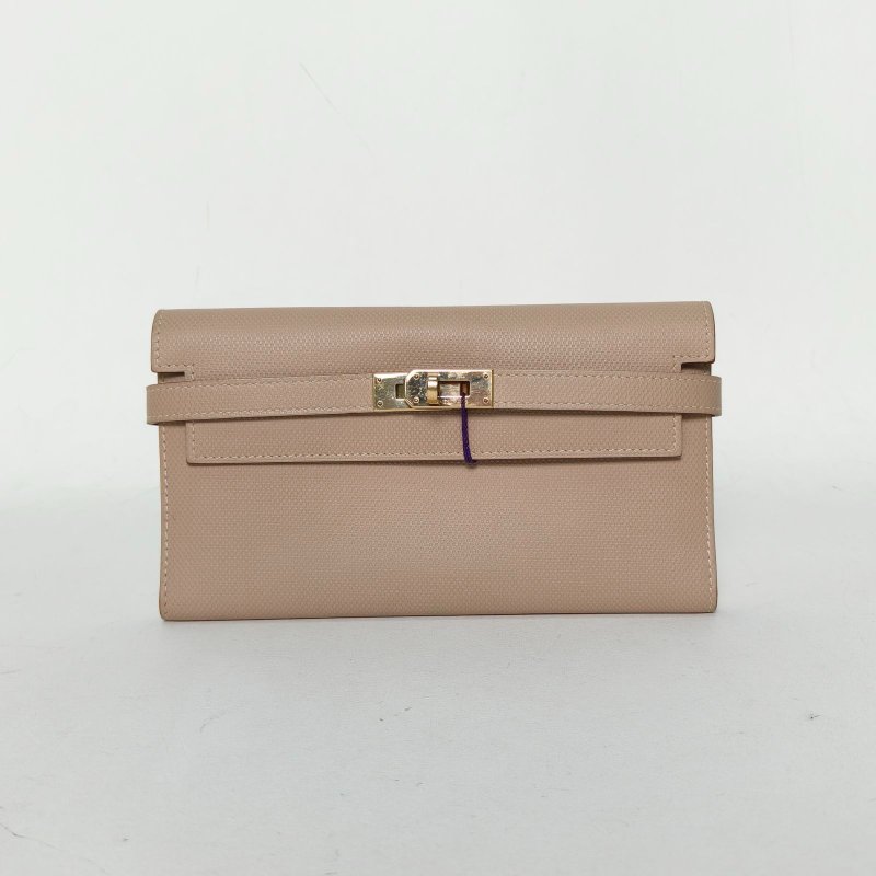 HERMES Kelly長款錢包1F鑽石灰防水帆布框Q金扣肩背包-0