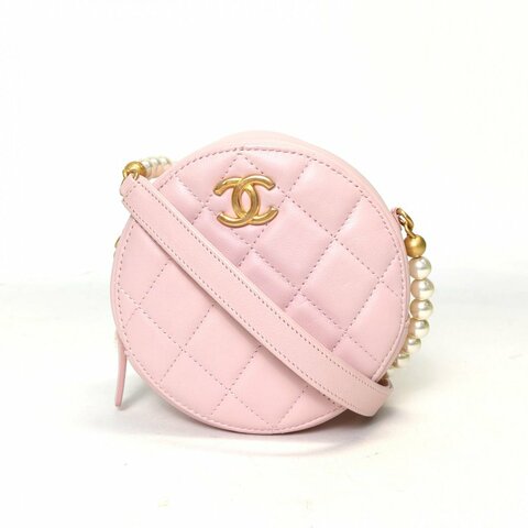 CHANEL 粉紫色羊皮31開金扣菱格紋珍珠鏈條圓餅包肩背包