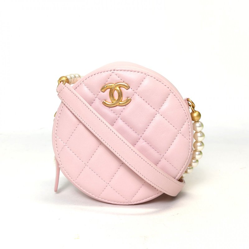 CHANEL 粉紫色羊皮31開金扣菱格紋珍珠鏈條圓餅包肩背包-0