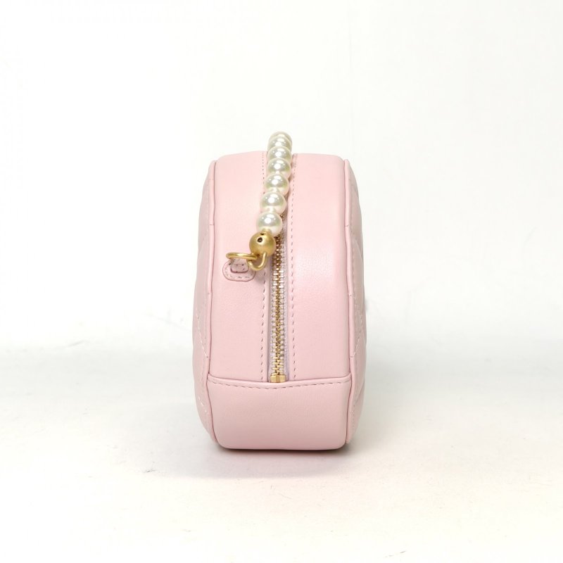 CHANEL 粉紫色羊皮31開金扣菱格紋珍珠鏈條圓餅包肩背包-1