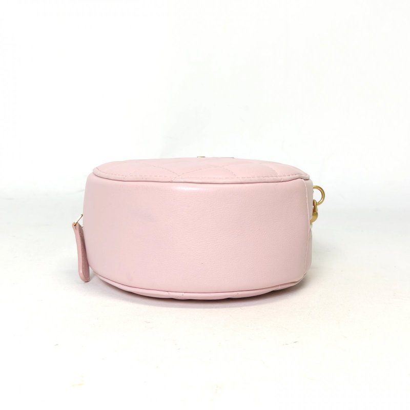 CHANEL 粉紫色羊皮31開金扣菱格紋珍珠鏈條圓餅包肩背包-4