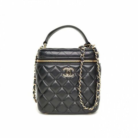 CHANEL 21A手提化妝桶15黑色羊皮31開金扣皮手柄肩背包