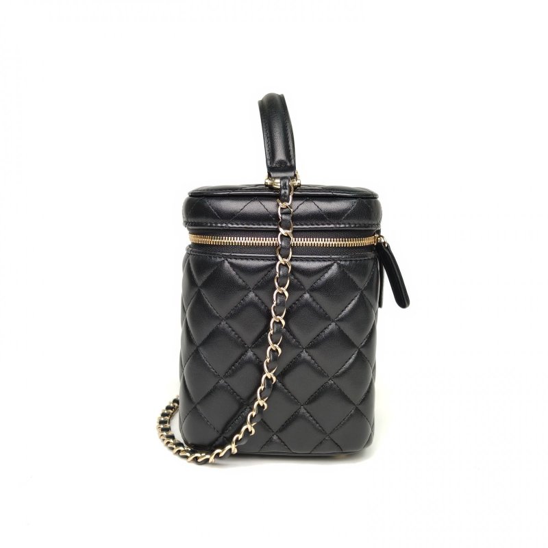 CHANEL 21A手提化妝桶15黑色羊皮31開金扣皮手柄肩背包-3