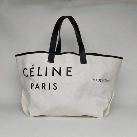 CELINE 黑白帆布銀扣字母印花托特包大tote肩背包