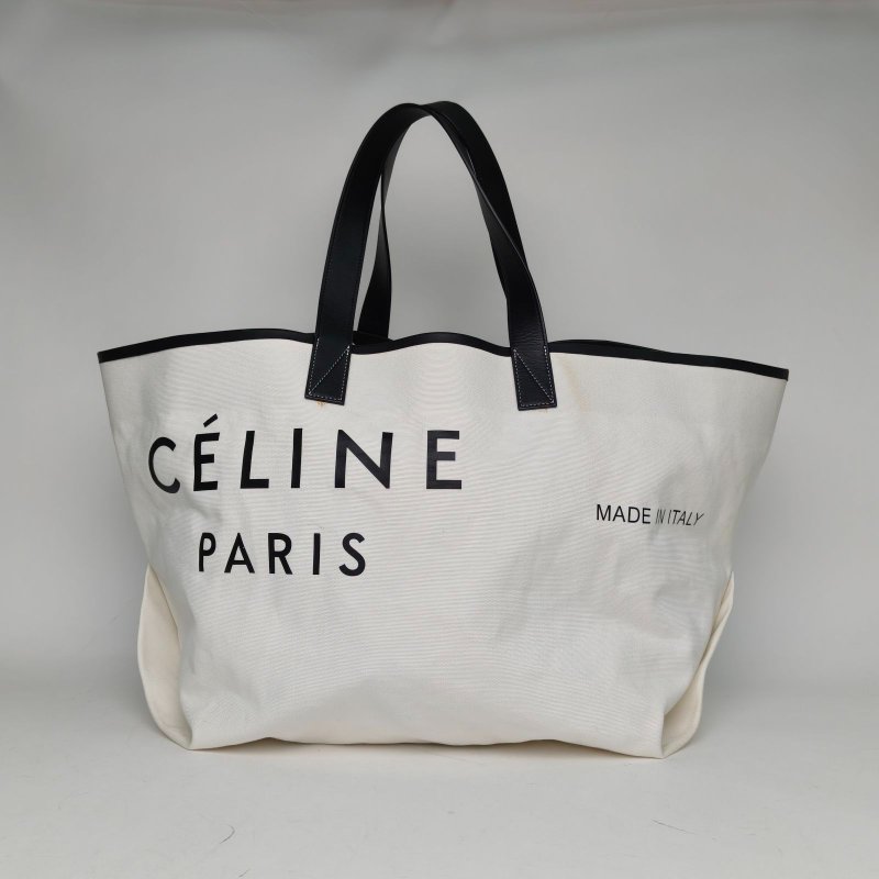 CELINE 黑白帆布銀扣字母印花托特包大tote肩背包-0