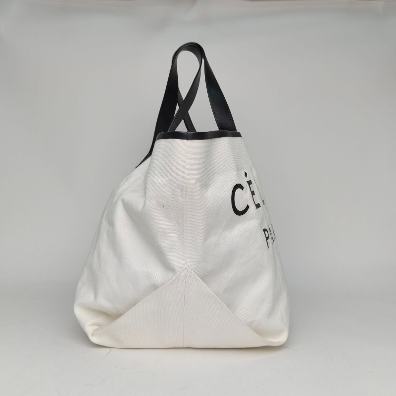 CELINE 黑白帆布銀扣字母印花托特包大tote肩背包-3