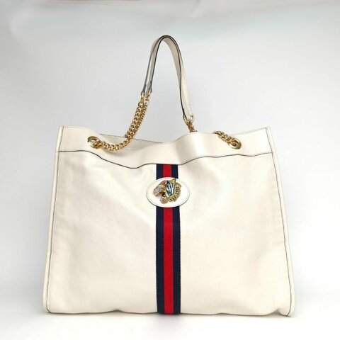 GUCCI 白色牛皮金扣RajahToteBag復古琺瑯虎頭托特包肩背包