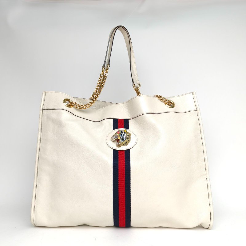 GUCCI 白色牛皮金扣RajahToteBag復古琺瑯虎頭托特包肩背包-0