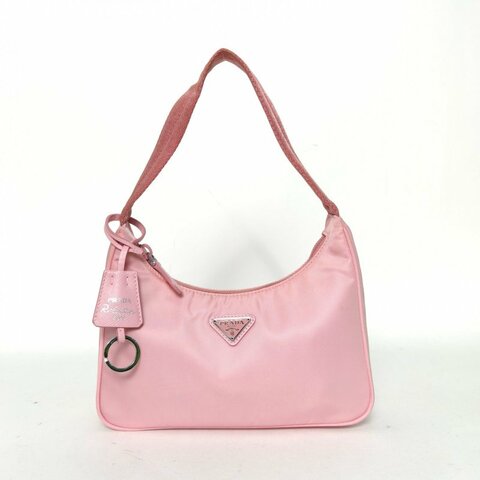 PRADA Hobo腋下包粉色尼龍銀扣肩背包