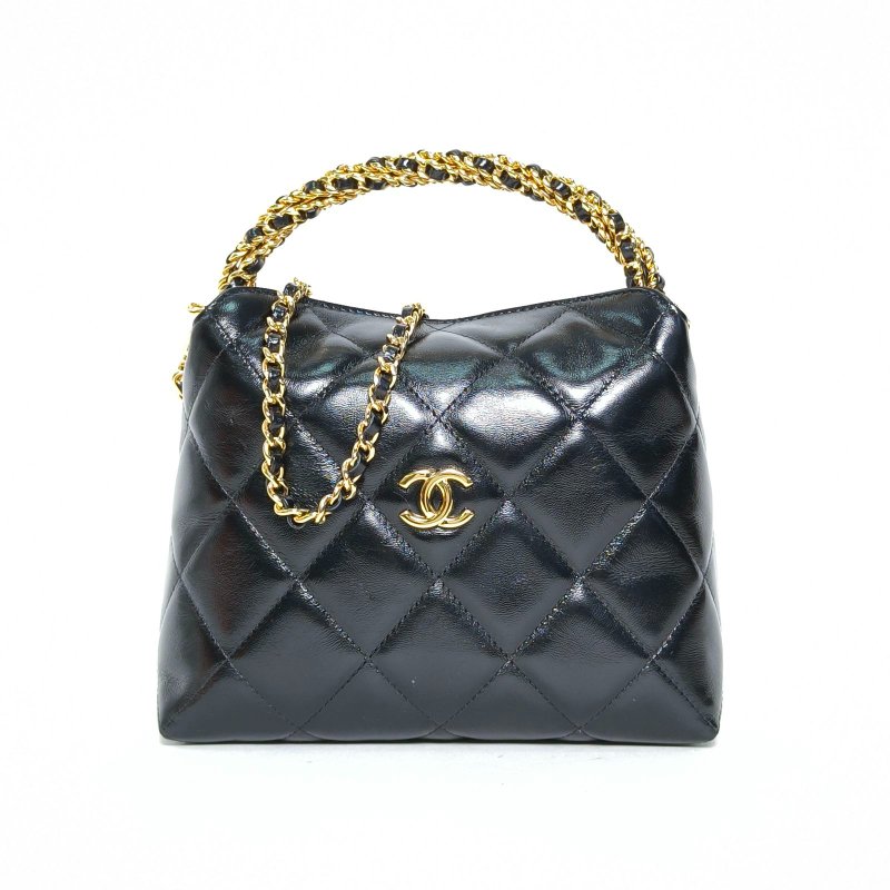 CHANEL 黑色羊皮鐳射標金扣24B麻花手柄hobo飯盒包肩背包-0