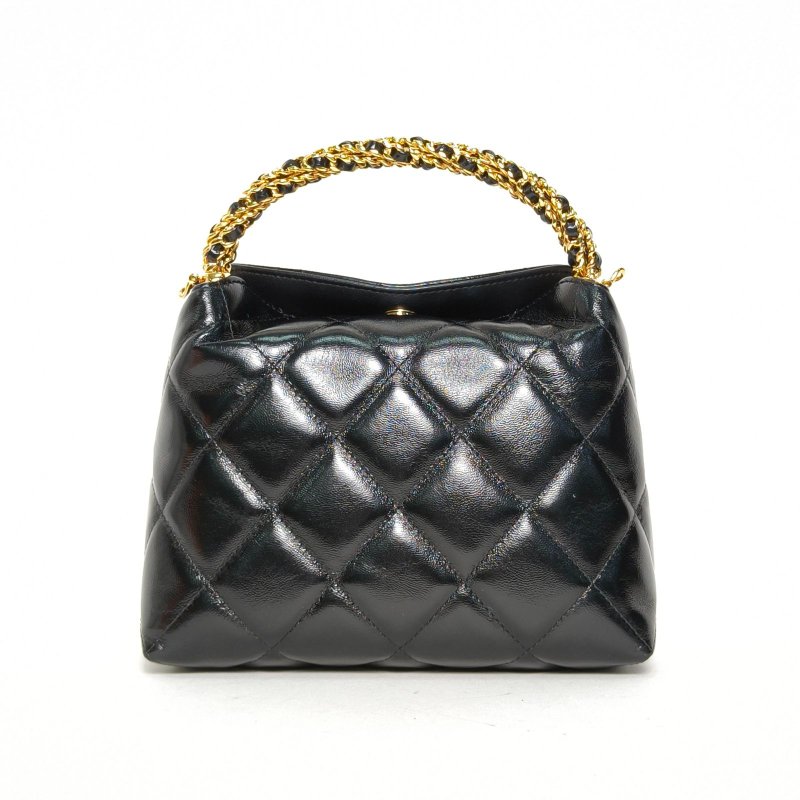 CHANEL 黑色羊皮鐳射標金扣24B麻花手柄hobo飯盒包肩背包-2