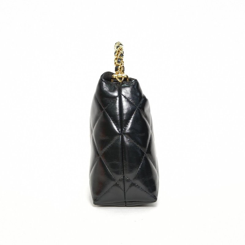 CHANEL 黑色羊皮鐳射標金扣24B麻花手柄hobo飯盒包肩背包-3