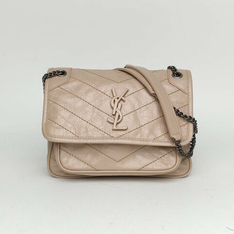 SAINT LAURENT NikiMini21奶茶色牛皮銀扣肩背包