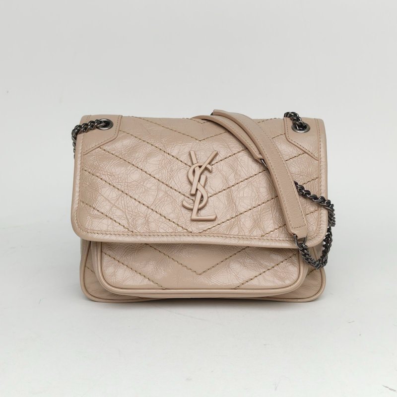 SAINT LAURENT NikiMini21奶茶色牛皮銀扣肩背包-0