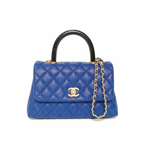 CHANEL CocoHandle小號24藍色荔枝牛皮26開金扣蛇皮手柄肩背包