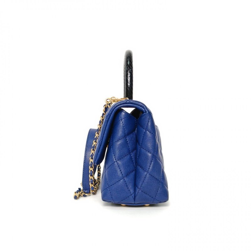 CHANEL CocoHandle小號24藍色荔枝牛皮26開金扣蛇皮手柄肩背包-3