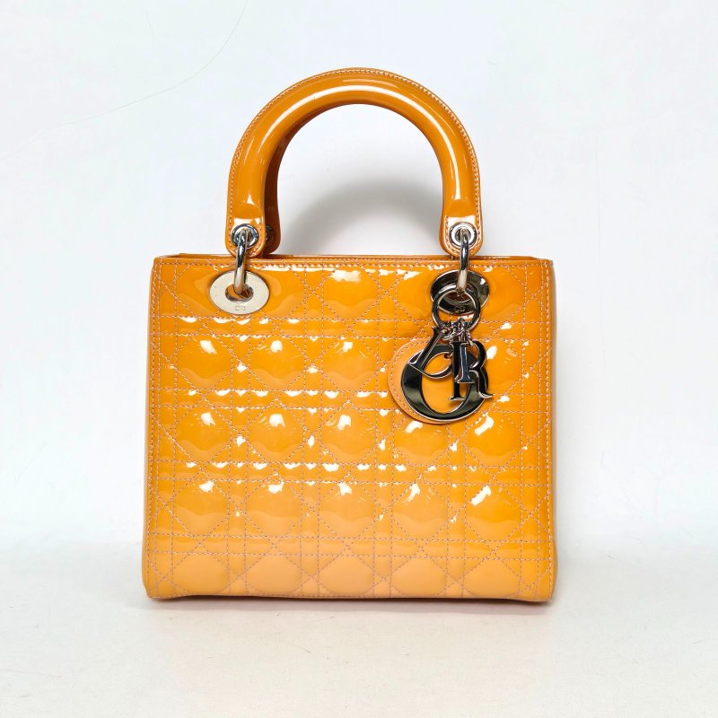 DIOR Lady戴妃包五格薑黃色漆皮金扣2012肩背包-0