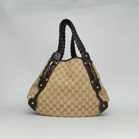 GUCCI 烏木色牛皮帆布金扣老花單肩包/肩背包