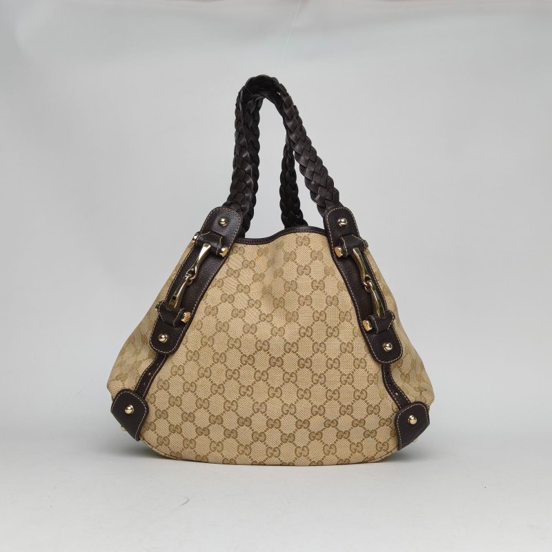 GUCCI 烏木色牛皮帆布金扣老花單肩包/肩背包-0