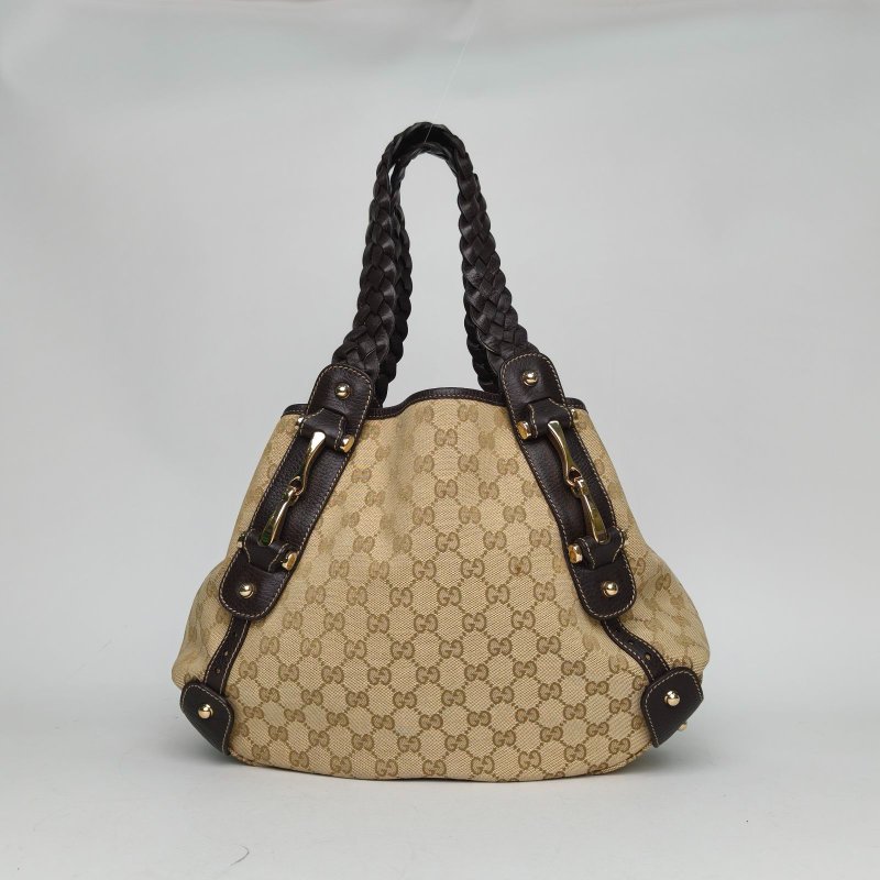 GUCCI 烏木色牛皮帆布金扣老花單肩包/肩背包-2