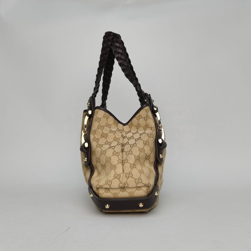 GUCCI 烏木色牛皮帆布金扣老花單肩包/肩背包-3