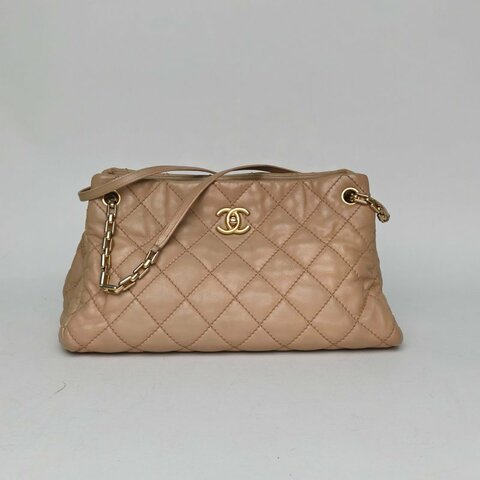 CHANEL 奶茶色牛皮14開金扣外縫線風琴hobo鏈條機場包肩背包