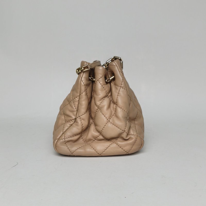 CHANEL 奶茶色牛皮14開金扣外縫線風琴hobo鏈條機場包肩背包-1