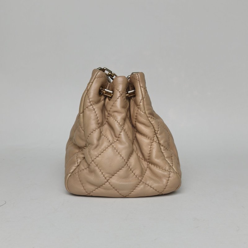 CHANEL 奶茶色牛皮14開金扣外縫線風琴hobo鏈條機場包肩背包-3