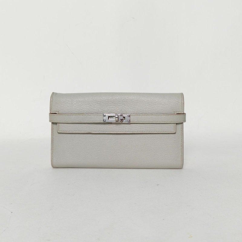 HERMES Kelly長款錢包80珍珠灰Chevre山羊皮A刻銀扣肩背包-0