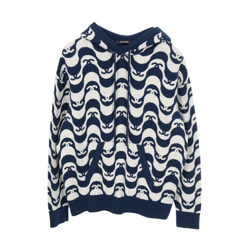 香奈兒 COCO 標誌連帽衫 #36 針織衫 P70408K10043 羊絨海軍藍白色