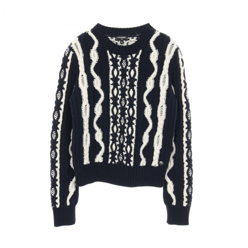 香奈兒 (CHANEL) 絞花針織衫 #34 P59228K07759 羊毛羊絨混紡 海軍藍 白色 二手-0