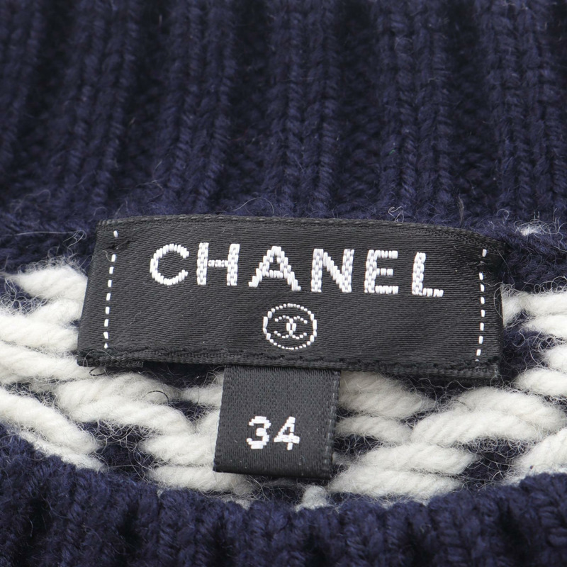 香奈兒 (CHANEL) 絞花針織衫 #34 P59228K07759 羊毛羊絨混紡 海軍藍 白色 二手-2
