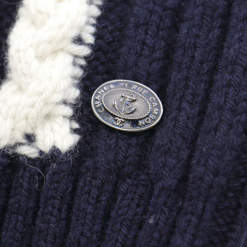 香奈兒 (CHANEL) 絞花針織衫 #34 P59228K07759 羊毛羊絨混紡 海軍藍 白色 二手-8