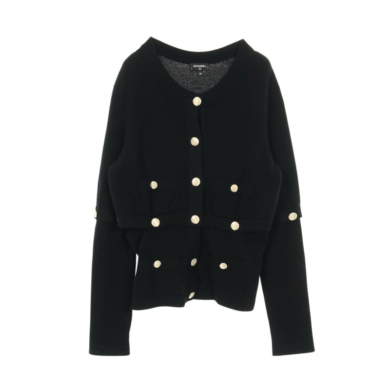 香奈兒 COCO 標誌紐扣開襟衫 #38 P72780K10442 羊絨黑色二手女款-0