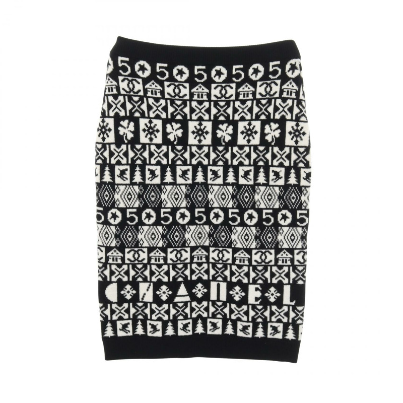 香奈兒 COCO Mark 針織半身裙 #36 P62261K47646 19B 羊絨 黑色 白色 二手-0