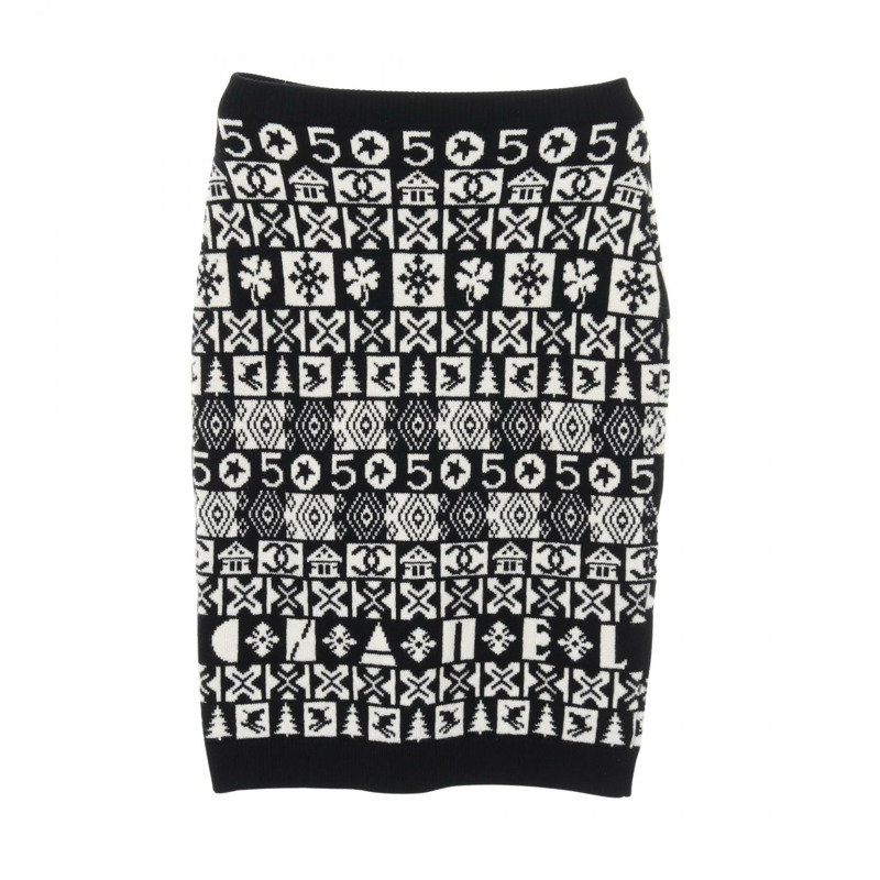 香奈兒 COCO Mark 針織半身裙 #36 P62261K47646 19B 羊絨 黑色 白色 二手-1