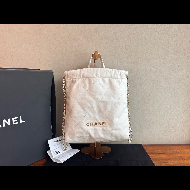 Chanel 白色牛皮金字22bag手提後背包 大號-0