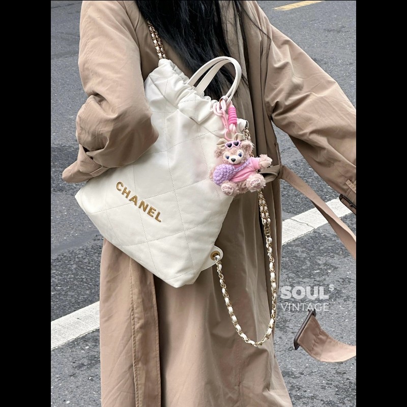 Chanel 白色牛皮金字22bag手提後背包 大號-4