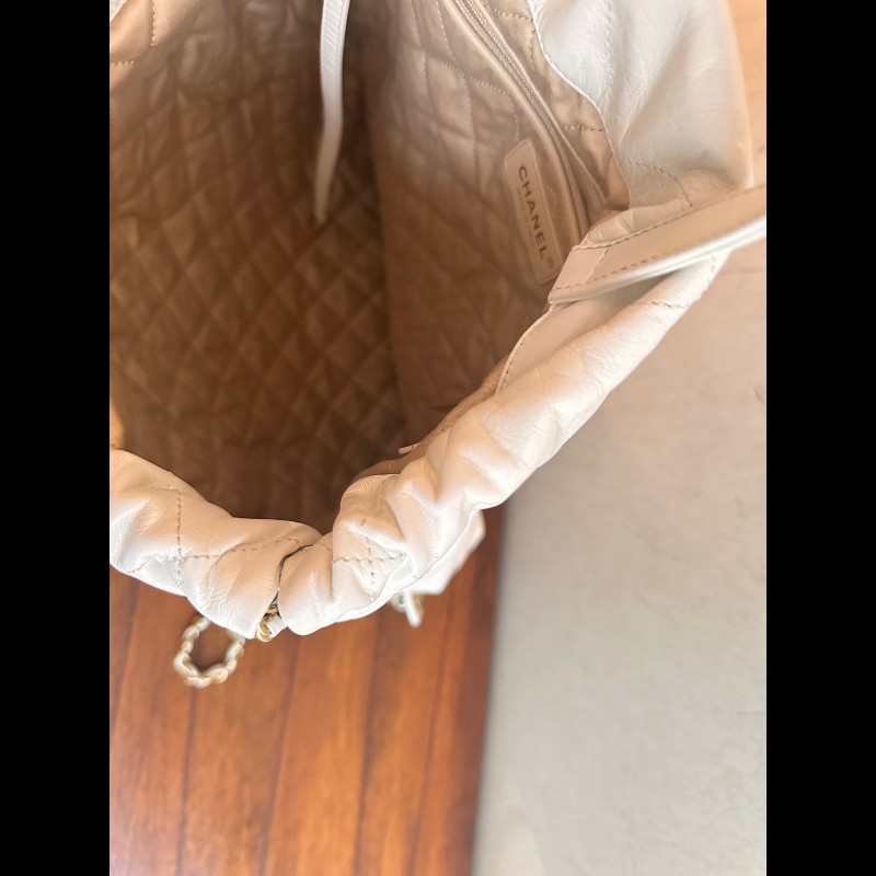 Chanel 白色牛皮金字22bag手提後背包 大號-9