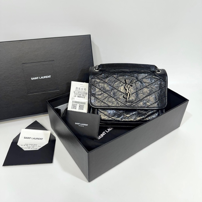 YSL 黑色黑釦揉製牛皮復古銀鍊NIKI BABY 6331580-3