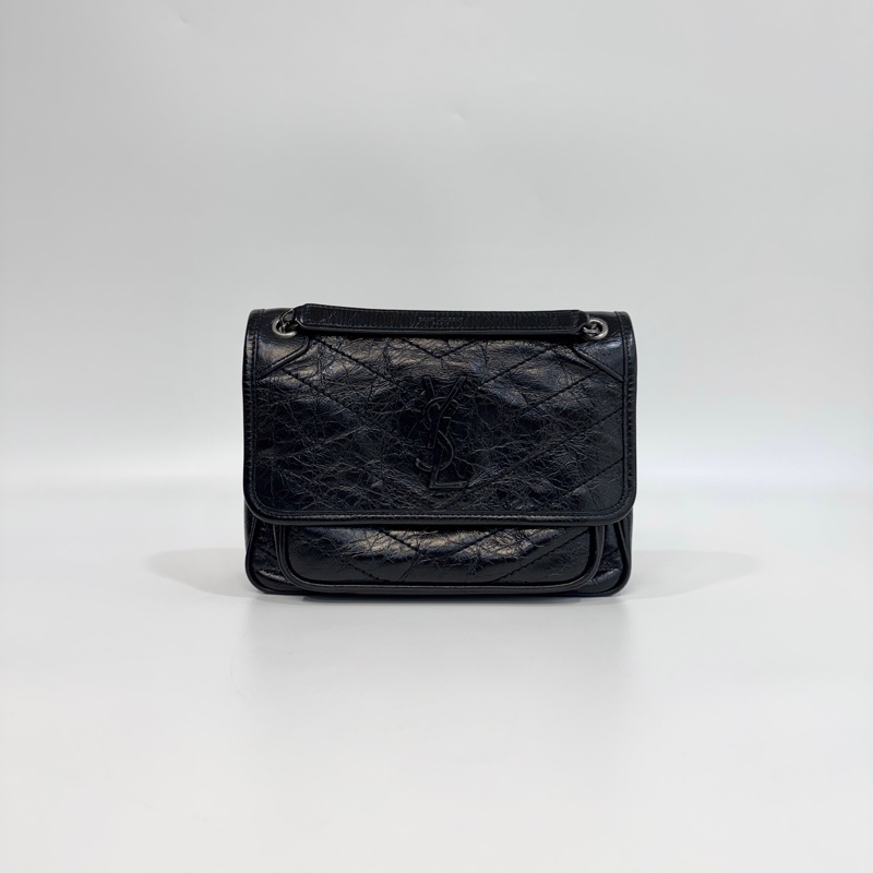 YSL 黑色黑釦揉製牛皮復古銀鍊NIKI BABY 6331580-4