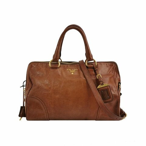 Prada油蠟皮純色字母logo拉鏈斜挎包單肩包