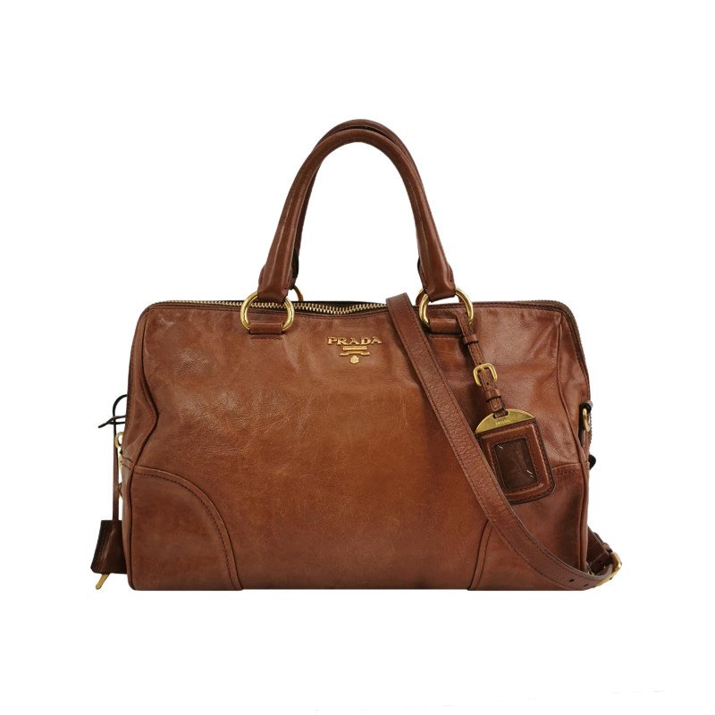 Prada油蠟皮純色字母logo拉鏈斜挎包單肩包-0