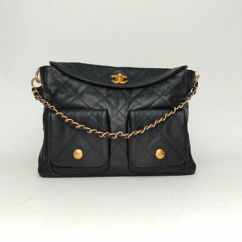 CHANEL Suppletwins24P嬉皮Hobo郵差包大號30黑色荔枝牛皮晶片開金扣肩背包