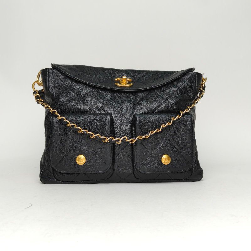 CHANEL Suppletwins24P嬉皮Hobo郵差包大號30黑色荔枝牛皮晶片開金扣肩背包-0