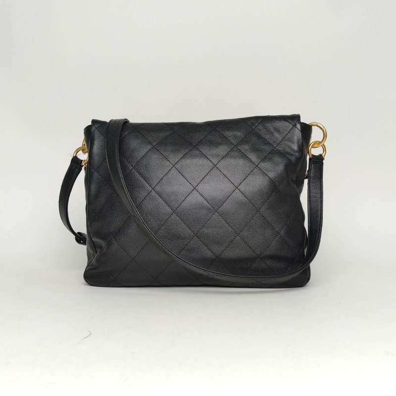 CHANEL Suppletwins24P嬉皮Hobo郵差包大號30黑色荔枝牛皮晶片開金扣肩背包-2